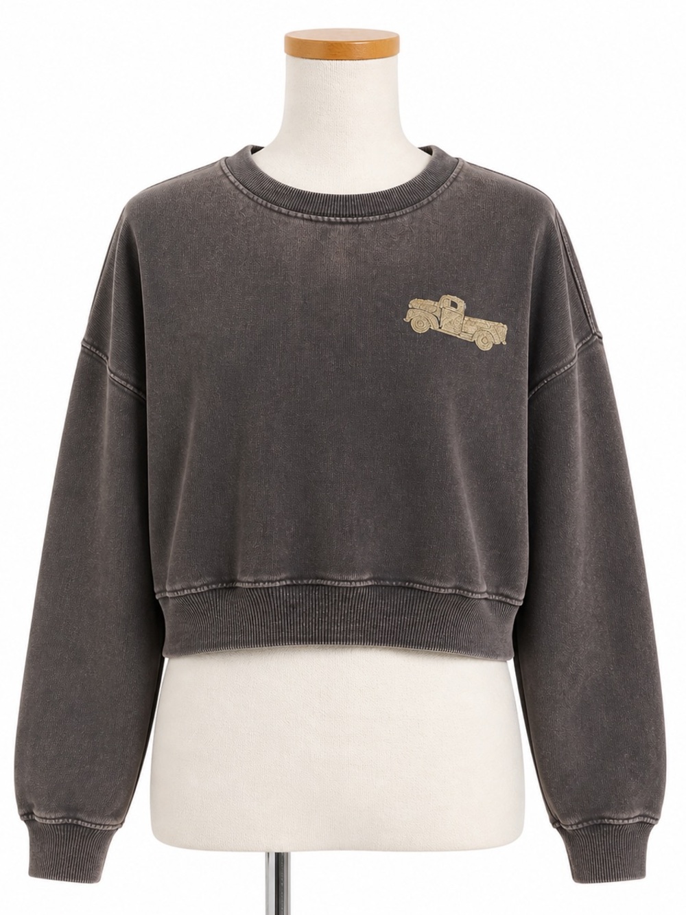 Full Tilt Charcoal Cropped Crewneck with Gold Truck Embroidery